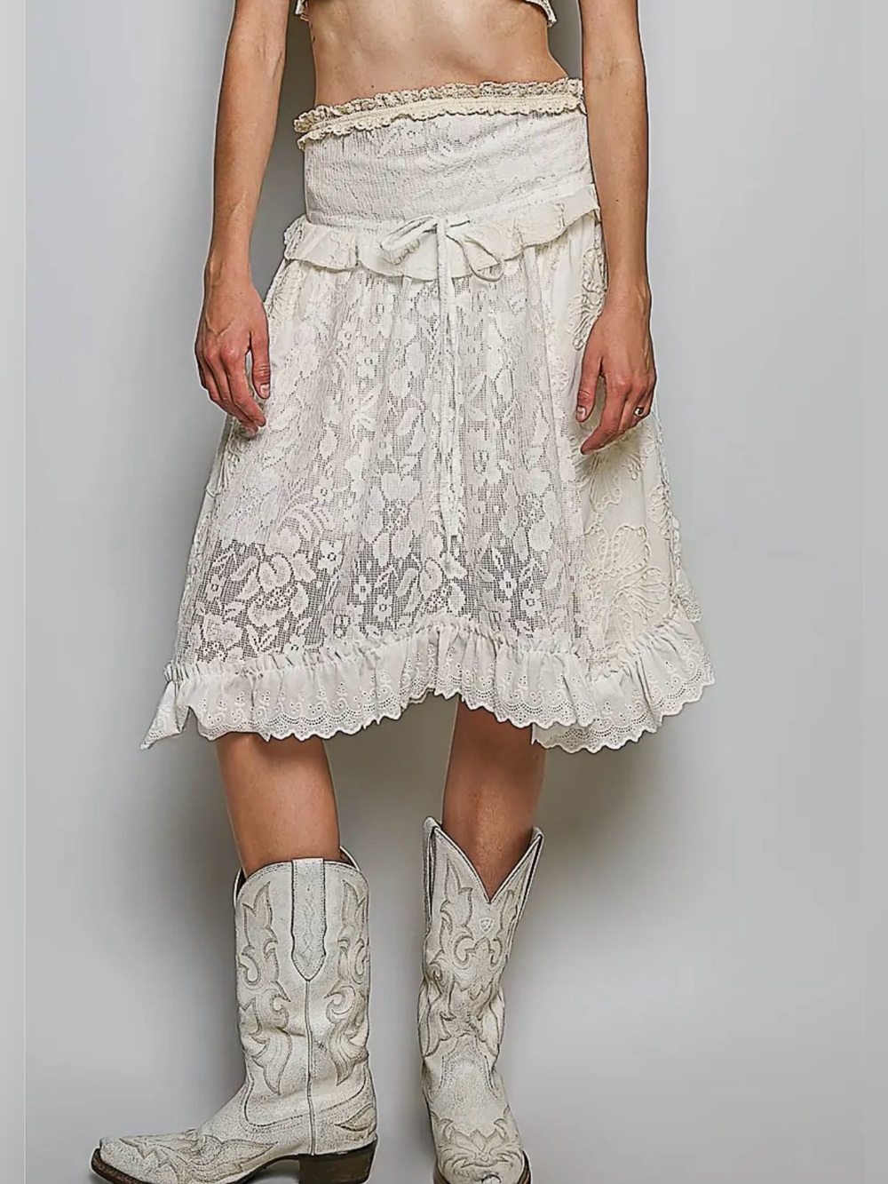 Tie Waist & Scalloped Hem Sheer Lace
Flared Skirt or Mini Dress by POL